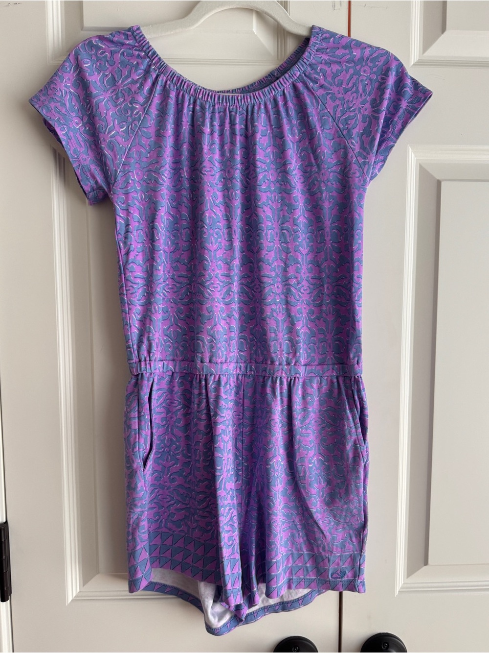 Vineyard Vines Girls Purple Blue Block Print Off Shoulder Romper Size L 12-14